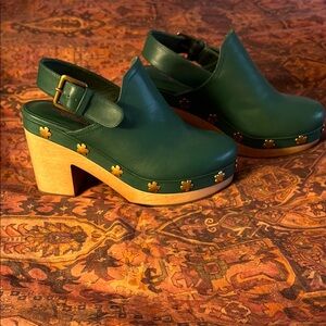 Charlotte Stone Green Leather Mules with Wooden Heel
